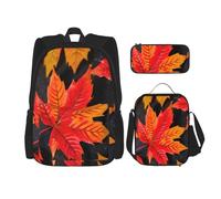BBEXJIGY Sac à dos Oxford imperméable 3 en 1 avec sac à déjeuner et trousse à crayons pour usage quotidien Motif feuilles rouges d'automne, noir, One Size