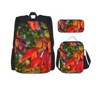 BBEXJIGY Sac à dos Oxford imperméable 3 en 1 avec sac à déjeuner et trousse à crayons pour usage quotidien Motif feuilles et fruits rouges d'automne, noir, One Size