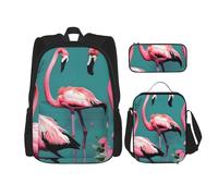 BBEXJIGY Sac à dos Oxford imperméable 3 en 1 avec sac à déjeuner, trousse à crayons et usage quotidien Motif flamants roses, noir, One Size