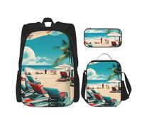 BBEXJIGY Sac à dos Oxford imperméable 3 en 1 avec sac à déjeuner, trousse à crayons et usage quotidien Motif paysage de plage, noir, One Size