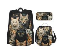 BBEXJIGY Sac à dos Oxford imperméable 3 en 1 avec sac à déjeuner, trousse à crayons et usage quotidien Motif chat, noir, One Size