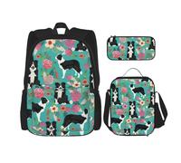 BBEXJIGY Sac à dos Oxford imperméable 3 en 1 imprimé Border Collie avec sac à déjeuner, trousse à crayons et usage quotidien, noir, One Size