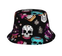 BBEXJIGY Sugar and Skulls Style Imprimé Hommes Femmes Mode Bob Chapeau Léger Extérieur Chapeau de Soleil Unisexe Design Noir, noir, taille unique