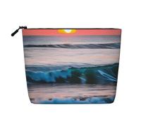 BBEXJIGY Trousse de maquillage élégante et pratique avec impression coucher de soleil et vagues de mer sur une seule couche imitation lin, noir, One Size