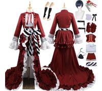 bbganlian Anime Black Butler Ciel Phantomhive Tea Cup Cosplay Costume Tenue Rouge Uniforme Ensemble Complet Halloween Habiller avec Perruque Cache-oeil Coiffure pour Femmes Filles (L)