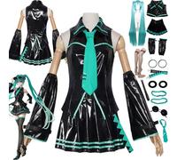 bbganlian Anime H'atsune M'iku Cosplay Costume Tenue Jeu de Rôle Uniforme Ensemble Complet Halloween Carnaval Habiller avec Perruque Lunettes Coiffure Clip d'oreille pour Femmes (L)