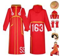 bbganlian Anime One Piece Egghead Island Monkey D Luffy Cosplay Costume Tenue Jeu de rôle Rouge Uniforme Ensemble Complet Halloween Fête Carnaval Habiller avec Chapeau pour Hommes (S)