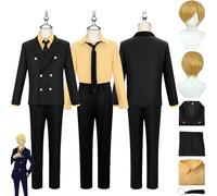 bbganlian Anime One Piece Sanji Cosplay Costume Tenue Monkey D. Luffy Uniforme Noir Manteau Ensemble Complet Halloween Carnaval Fête Habiller avec Perruque pour Hommes Garçons (L)