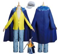 bbganlian Anime One Piece Trafalgar D Water Law Cosplay Costume Tenue Jeu de Rôle Bleu Uniforme Ensemble Complet Halloween Fête Carnaval Habiller avec Chapeau pour Hommes Garçons (L)