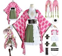 bbganlian Anime Personnage Kanroji Mitsuri 5e Anniversaire Cosplay Costume Tenue Demon Slayer Uniforme Ensemble Complet Halloween Carnaval Fête Habiller avec Perruque pour Femmes (XL)
