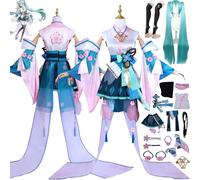 bbganlian Jeu O'nmyoji Linkage Miku Cosplay Costume Tenue H'atsune M'iku Uniforme Robes Ensemble Complet Halloween Carnaval Fête Habiller avec Coiffe Perruque pour Femmes Filles (M)