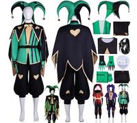 bbganlian Personnage du jeu Harlequin Cosplay Costume Tenue Pierrot Jester Jeu de rôle Uniforme Ensemble Complet Halloween Fête Carnaval Habiller avec Chapeau Masque pour Hommes (M)