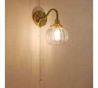 BBioss Applique Murale en Verre Style Citrouille Nordique, Finition Laiton Antique Moderne, avec Interrupteur à Tirette, luminaire décoratif d'intérieur rétro doré, culot E14, glob