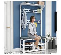BBioss Porte-Manteau 3 en 1 avec Banc à Chaussures, sur Pied, 8 Crochets, étagère de Rangement pour entrée, Cadre en métal, pour Couloir, Chambre à Coucher, Blanc, 80 x 30 cm, 172
