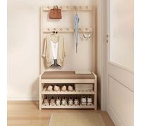 BBioss Porte-manteau et banc à chaussures 3 en 1 en bois avec 10 crochets et 2 niveaux de rangement, barre de chapeau et solution de rangement idéale pour l'entrée de la maison
