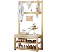 BBioss Porte-manteau et banc à chaussures en bois 3 en 1 pour entrée - 10 crochets 2 niveaux de rangement - Meuble d'entrée élégant et fonctionnel