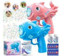 BBLTIFF 2Pcs Pistolet à Bulles, Machine a Bulles pour Enfant avec 2 Solutions de Bulles, avec Lumière LED, Entièrement Automatique pour Activité Jardin, Jouets de Plein Air, Mariages (Bleu + Rose)