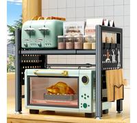BBLTIFF Etagere Micro Onde, 2 Niveaux Support de Four à Micro-Ondes Extensible 40-65cm, Support Micro Onde, Etagere Cuisine, avec Support pour Planche à Découper, 6 Crochets, Instructions (Noir)