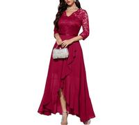 Bboninedress Robe Longue Femme Chic et Elegant de Soirée Noël Cocktail Asymétrique pour Gala Anniversaire Mariage Dirty Dacing Cérémonie Mère de Mariée Col en V Dark Red S