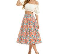 Bbonlinedress Jupe Mi Longue Femme Eté Chic et Elegant à Motif Floral Jupe Bohême Trapèze Fluide Décontractée Taille Haute pour Plage Vancances Casual White Orange Flower 2XL