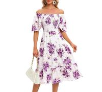 Bbonlinedress Robe de Plage Femme été Chic et Elégant à Fleurie pour Casual Cocktail Soirée Bal Top Elastique Manches Courtes White Purple Rose 3XL