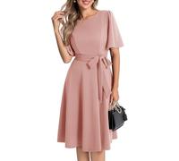 Bbonlinedress Robe de Soirée Noël Femme Chic et Elegant Midi pour Cocktail Mariage Bal Promo Col Ronde Manches Courtes avec Ceinture Blush 2XL