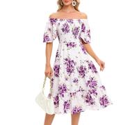Bbonlinedress Robe Femme Chic et Elégant d'été Imprimée Fleurie à Epaules Dénudées Mi Longue Fluide A-Line pour Plage Casual Cocktail Soirée Bal Top Elastique Manches Courtes White Purple Rose S