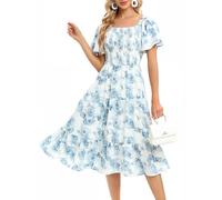 Bbonlinedress Robe Femme Chic et Elégant d'été Imprimée Fleurie à Epaules Dénudées Mi Longue Fluide A-Line pour Plage Casual Cocktail Soirée Bal Top Elastique Manches Courtes Blue Flower S