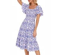 Bbonlinedress Robe Femme Chic et Elégant d'été Imprimée Fleurie à Epaules Dénudées Mi Longue Fluide A-Line pour Plage Casual Cocktail Soirée Bal Top Elastique Manches Courtes White Blue Flower-1 S