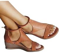 BBPM Sandales Femme été Talon Bois Mode Printemps Et Été Femmes Sandales Talon Compensé Et Bout Ouvert Creux Respirant Et Confortable Style Romain Bottes pour Femmes,Marron,EU38/US7