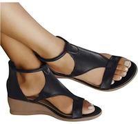 BBPM Sandales Femme été Talon Bois Mode Printemps Et Été Femmes Sandales Talon Compensé Et Bout Ouvert Creux Respirant Et Confortable Style Romain Bottes pour Femmes,Noir,EU37/US6