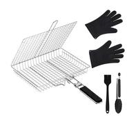 BBQ Grill Basket Set Stainless Steel 32x46.5cm Folding Handle Grilling Basket With Silicone Gloves Oil Brush Food Tongs For Camping Backyard Barbecue
