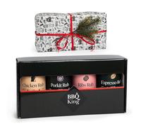 BBQ KING - Coffret cadeau de Noël BBQ Rub, Ribs Rub 215 g, Chicken Rub 215 g, Espresso Rub 220 g, Porkit Rub 220 g, épices 100% Made in Italy, idéal pour les amateurs de barbecue
