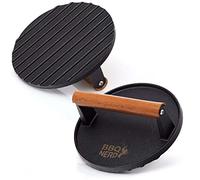 BBQ Nerd© Presse-Viande en Fonte avec Manche en Bois - 18 cm Rond - Poids de Cuisson à Viande - Poids du Barbecue pour la Viande Barbecue, Les Hamburgers Patties, Le Bacon, Le Fromage, Les Sandwiches