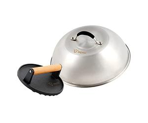 BBQ-TORO Cloche de Chauffage en Acier Inoxydable avec Poids de Viande en Fonte | Ø 31,5 cm | Cloche à Burger avec Presse à Viande, Cloche à Burger, Dôme de Fusion, Cloche de Service