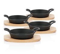 BBQ-Toro Lot de 4 poêles de service en fonte avec support en bois - Diamètre : 16 cm - Pré-cuites - Pré-brûlées - Poêles en fonte - Poêles en fonte