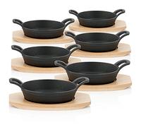 BBQ-Toro Lot de 6 poêles de service en fonte avec support en bois - Diamètre : 16 cm - Pré-cuites - Pré-brûlées - Poêles en fonte - Poêles en fonte
