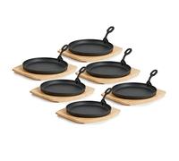 BBQ-Toro Lot de 6 poêlons de service en fonte avec support en bois - Diamètre : 22 cm - Rondes - Déjà cuites - Prêts à griller avec poignée amovible - Poêle en fonte - Poêle à paella