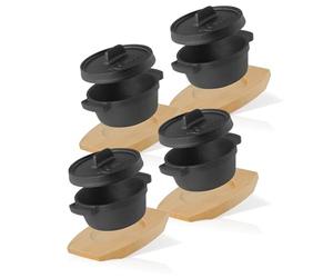 BBQ-Toro Mini Dutch Oven (4 pièces) | Ø 11 cm - rond - noir | Pot de service en fonte avec socle en bois | pré-assaisonné | marmite en fonte avec couvercle