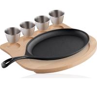 BBQ-Toro Poêle à servir en fonte avec coupelles à dips en inox et support en bois | 24 x 17,5 cm ovale