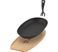 BBQ-Toro Poêle à servir en fonte avec planche en bois, 27 x 18 cm - ovale, noir, déjà cuit au four