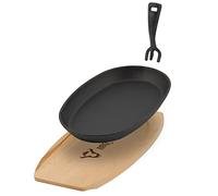 BBQ-TORO Poêle à servir en fonte avec support en bois (1 pièce) | 27 x 18 x 3 cm - ovale | déjà brûlé - preseasoned | Poêle à griller avec poignée amovible | Poêle en fonte