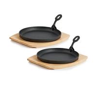 BBQ-TORO Poêle à servir en fonte avec support en bois (2 pièces) | Ø 22 cm - rond | déjà brûlé - preseasoned | Poêle à griller avec poignée amovible | Poêle en fonte, poêle à paella