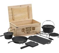 BBQ-Toro Set de 10 Dutch Oven dans une caisse en bois avec gaufrier, casserole à manche, poêle à griller et plus encore