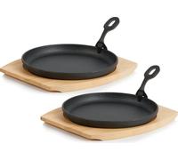 BBQ-Toro Set de 2 poêles à servir en fonte | Ø 22 cm, rond, avec planche en bois