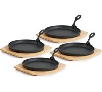 BBQ-Toro Set de 4 poêles à servir en fonte | Ø 22 cm, rond, avec planche en bois