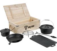 BBQ-Toro Set de 7 Dutch Oven dans une caisse en bois avec accessoires, en fonte - déjà brûlé