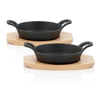 BBQ-Toro Set de poêles à servir en fonte avec support en bois (2 pièces) | Ø 16 cm | déjà patiné - pré-saisonné | Poêles à griller en fonte, poêlons, poêle à servir, poêle à griller, poêle en fonte