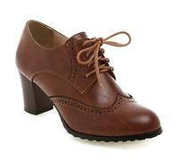 Femmes Vintage Petites Chaussures en Cuir Lolita Chaussures en Cuir Classique à Lacets Gros Talon Moyen Bout Rond Oxfords Robe fête Pompe Chaussures,Marron,36