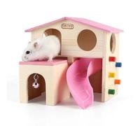 BBTISG Cachette en bois pour hamster, abri de jeu en bois avec escalier grotte, château amovible avec rampe pour gerbille, souris naine, ours doré et autres petits animaux de compagnie (rose)